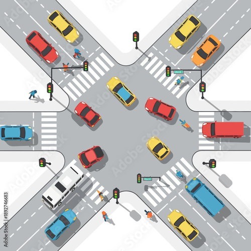 Busy City Intersection with Traffic, Cars, Pedestrians, and Traffic Lights