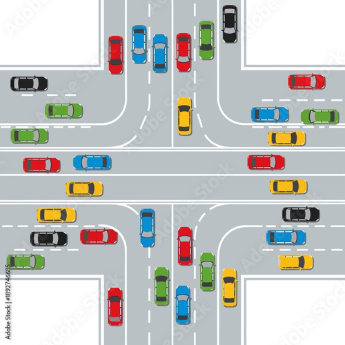 Busy Intersection with Cars, Traffic Jam, Crossroads, City Street, Urban Commute