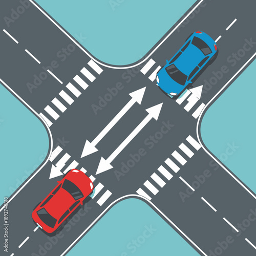 Cars at Intersection with Traffic Arrows