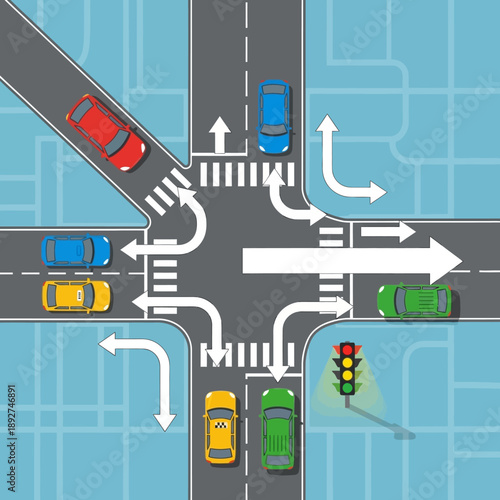 Busy intersection with cars and traffic lights, city street map background