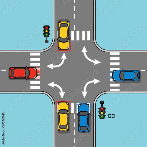Cars at Intersection with Traffic Lights and Pedestrian Crossing