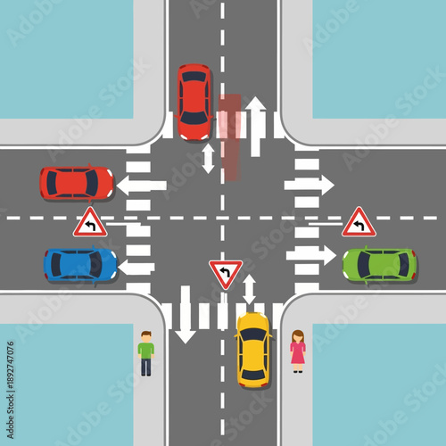 Aerial View of Busy Intersection with Cars, Pedestrians, and Traffic Signs