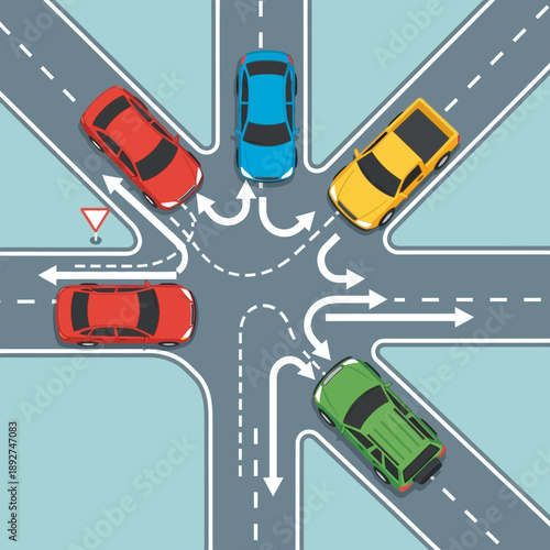 Busy intersection with cars making various turns, traffic flow illustration