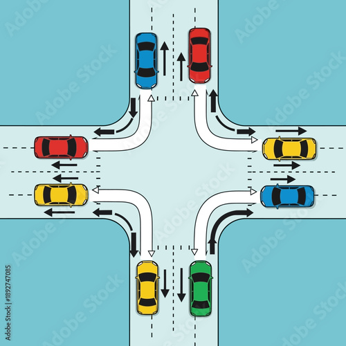 Busy Intersection Traffic Flow, Cars Navigating Crossroads