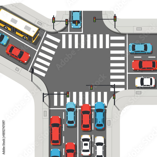 Busy Intersection with Traffic and Pedestrian Crosswalks - Top View