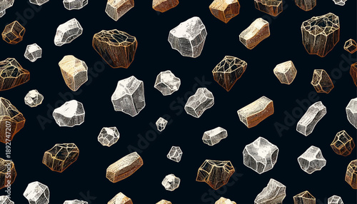 seamless barite ore rocks pattern in white and gold on a dark background