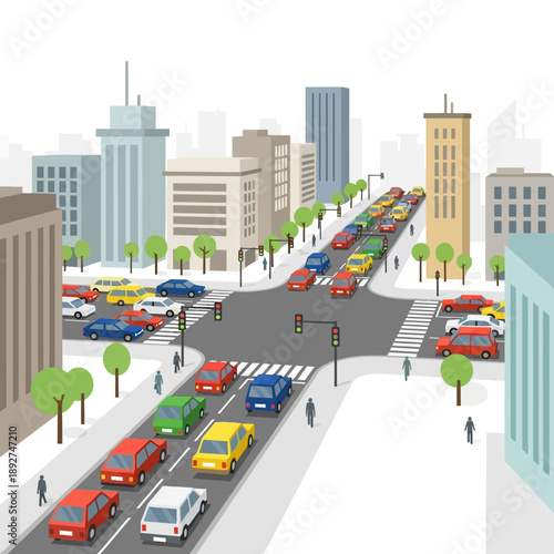 Busy City Traffic Jam Intersection with Cars and Buildings