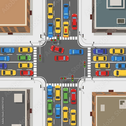 Aerial View of Busy City Intersection Traffic Jam with Cars and Buildings