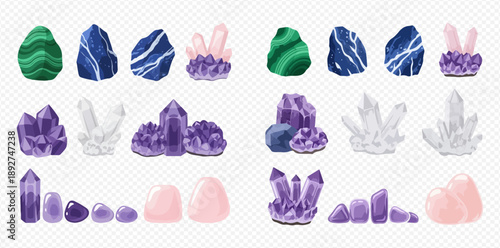 Set of colorful crystal gemstones and minerals, including amethyst, quartz, malachite, and lapis lazuli, on a transparent background.