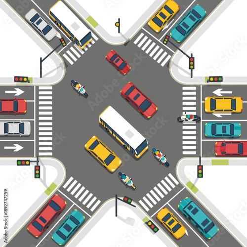 Busy City Intersection with Traffic Lights, Cars, Buses, and Motorbikes