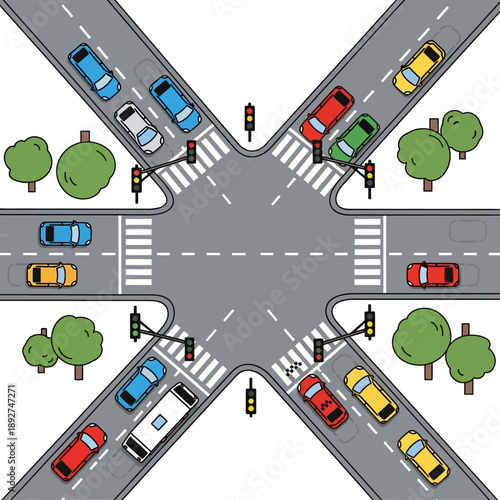 Busy Crossroads Intersection with Cars and Traffic Lights - Top View