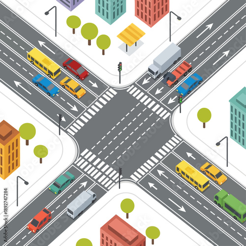 Isometric City Intersection with Traffic and Buildings