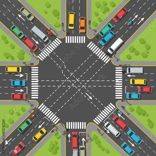 Busy Intersection Traffic Flow Overhead View
