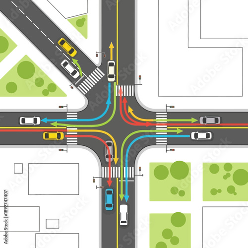 Busy city intersection with cars and traffic flow arrows, top view.