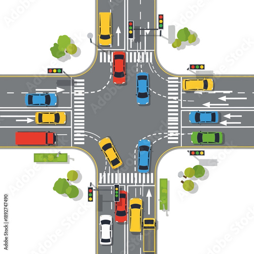 Busy City Intersection with Traffic Light and Cars