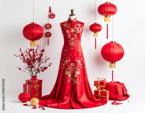 A red evening dress on a mannequin surrounded by Chinese lanterns and gift boxes in a festive setting