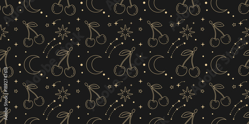 Mystical cherry and celestial pattern with stars and moons on a dark night sky