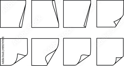 Paper pages set with curled corner set vector Illustration Isolated on transparent background.