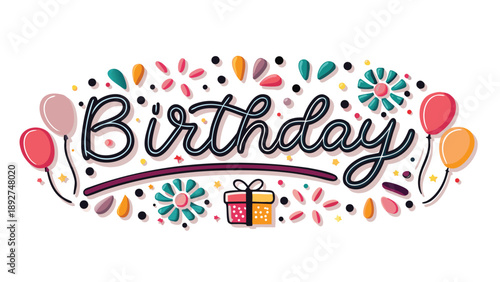 Colorful birthday layout with balloons gifts and confetti on white background