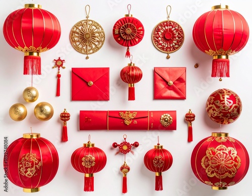 Vibrant Chinese New Year decorations and traditional elements arranged in a festive collection showcasing red lanterns, envelopes, and ornaments from a top-down viewpoint