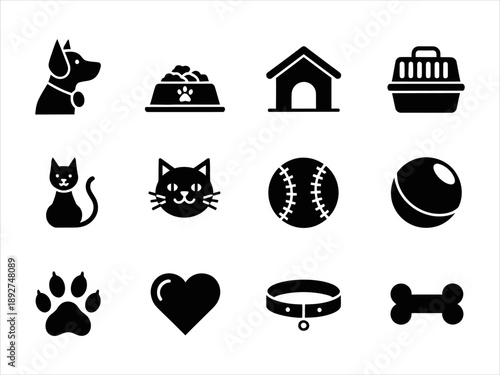 Set of pet icons including dog, cat, house, carrier, food bowl, collar, bone, and paw
