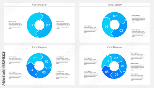 Set of blue cycle diagram templates with two three four and five segments for business presentations or information organization. Clipart image isolated on background.