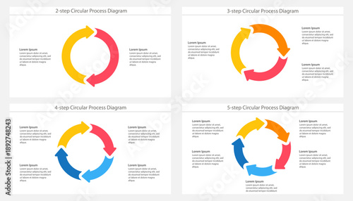 Colorful circular process diagram templates displaying 2-step 3-step 4-step and 5-step workflow options with text placeholders. Clipart image isolated on background.
