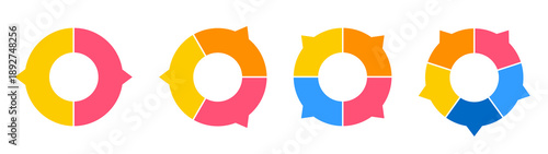 Set of colorful donut-shaped arrow diagrams in various stages of division. Clipart image isolated on background.