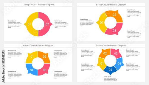 Collection of multi-step circular process diagram templates in various colors. Clipart image isolated on background.