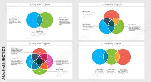 Colorful Venn diagram templates with 2 3 and 4 circles for presentation and data visualization in vector format. Clipart image isolated on background.