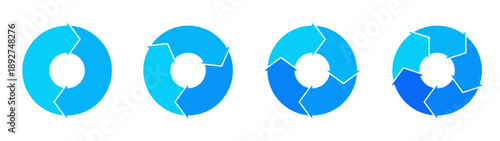 Set of blue circular flow diagrams with two three four five arrows indicating cyclical processes. Clipart image isolated on background.
