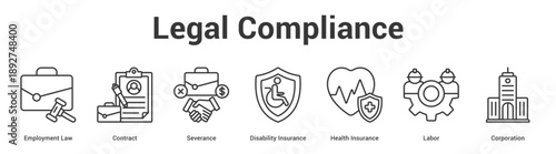 Legal Compliance web banner icon set vector illustration concept for business with icon of Employment Law, Contract, Severance, Disability Insurance, Health Insuran.