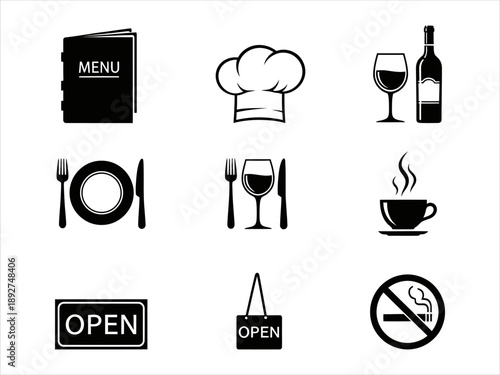 Essential black and white restaurant and dining service icons collection for hospitality businesses and food establishments