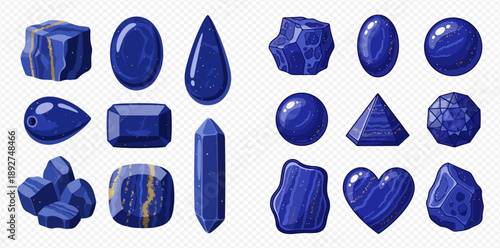 Collection of various blue lapis lazuli gemstones in different shapes and cuts, including raw stones, polished cabochons, and faceted gems.