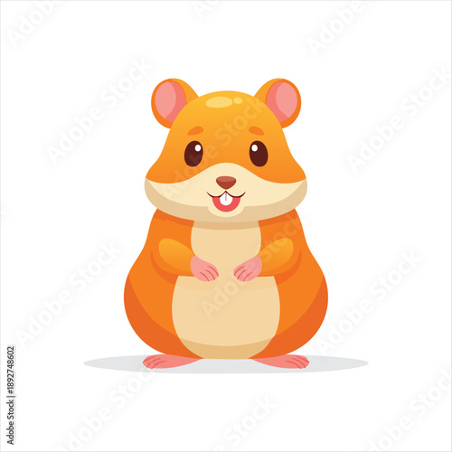A cartoon hamster stands smiling directly at the viewer, showcasing its cartoonish features and vibrant orange fur.