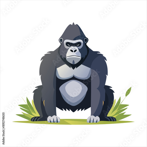 A majestic gorilla standing proudly surrounded by lush greenery, illustration, viewed from the front