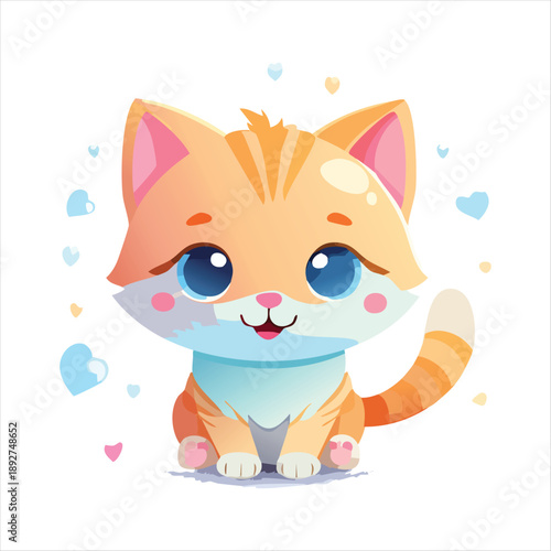 Adorable cartoon cat with vibrant fur and big blue eyes surrounded by hearts, d10.eps illustration