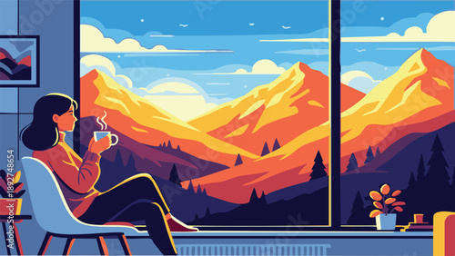 Flat vector illustration of a woman sitting on a chair in an office with a laptop, flat vector, colorful, white background, simple cartoon style