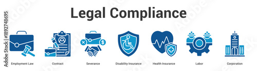Legal Compliance web banner icon set vector illustration concept for business with icon of Employment Law, Contract, Severance, Disability Insurance, Health Insuran.