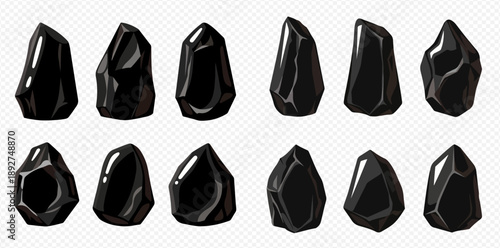 Set of black shiny coal pieces or obsidian stones, isolated vector illustration of carbon or mineral resources.