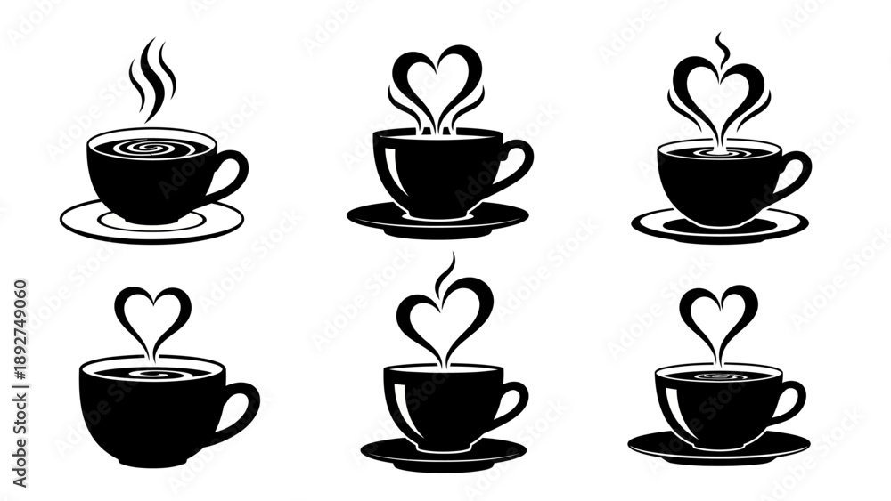 Obraz premium Simple vector collection of hot coffee and tea cups with rising steam forming romantic heart shapes representing love warmth and morning pleasure