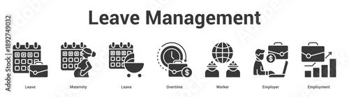 Leave Management web banner icon set vector illustration concept for business with icon of Leave, Maternity, Leave, Overtime, Work.