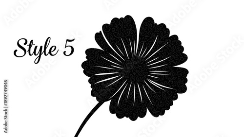 Large detailed black flower silhouette with intricate ornamental pattern texture inside petals on white background for textile and wallpaper designs