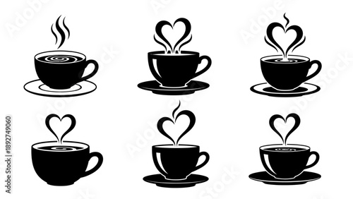 Simple vector collection of hot coffee and tea cups with rising steam forming romantic heart shapes representing love warmth and morning pleasure