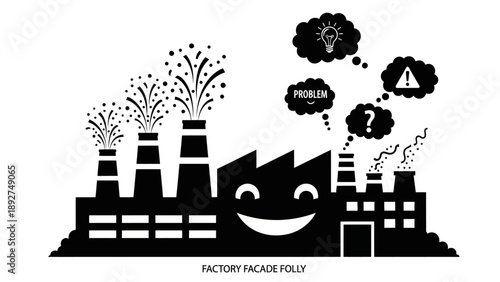 Industrial factory building silhouette with smiling facade and smoke stacks emitting colorful sparks and problem solving thought bubbles on white