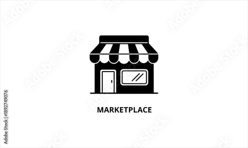 Minimalist black and white shop building icon with striped awning, symbolizing a marketplace or retail store