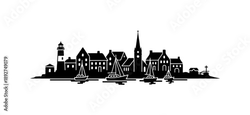 Silhouette of Coastal Town with Lighthouse