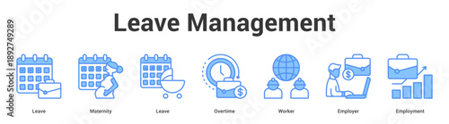 Leave Management web banner icon set vector illustration concept for business with icon of Leave, Maternity, Leave, Overtime, Work.
