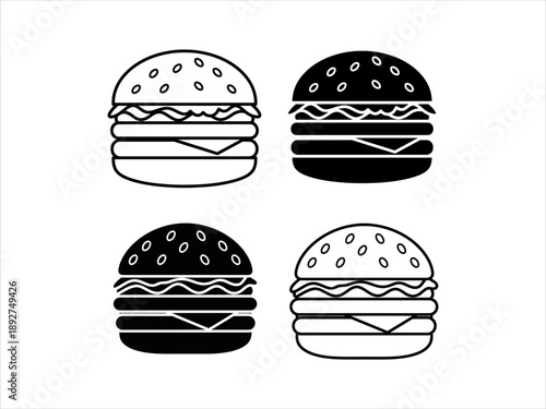 Four Simple Icons of a Classic Burger with Cheese and Sesame Seed Bun