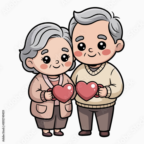 A charming elderly couple with gray hair stands close together